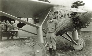 Charles Lindbergh standing beside the Spirit of St. Louis. Photograph by American Commercial Photographers (attrib.), 1927. Missouri History Museum Photographs and Prints Collections. Lindbergh, Charles A. Collection. n22380.